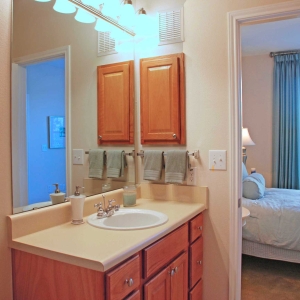 single sink vanity in bathroom of model home